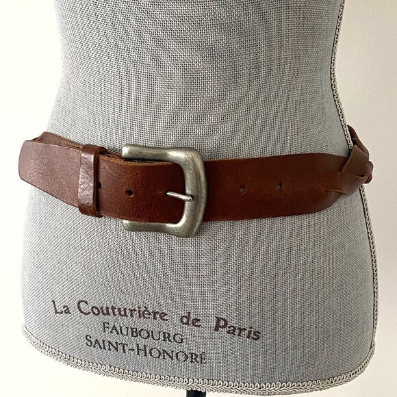 Express Brown Woven Leather Belt Silver Buckle Sz S 27”- 32” Waist Boho Western